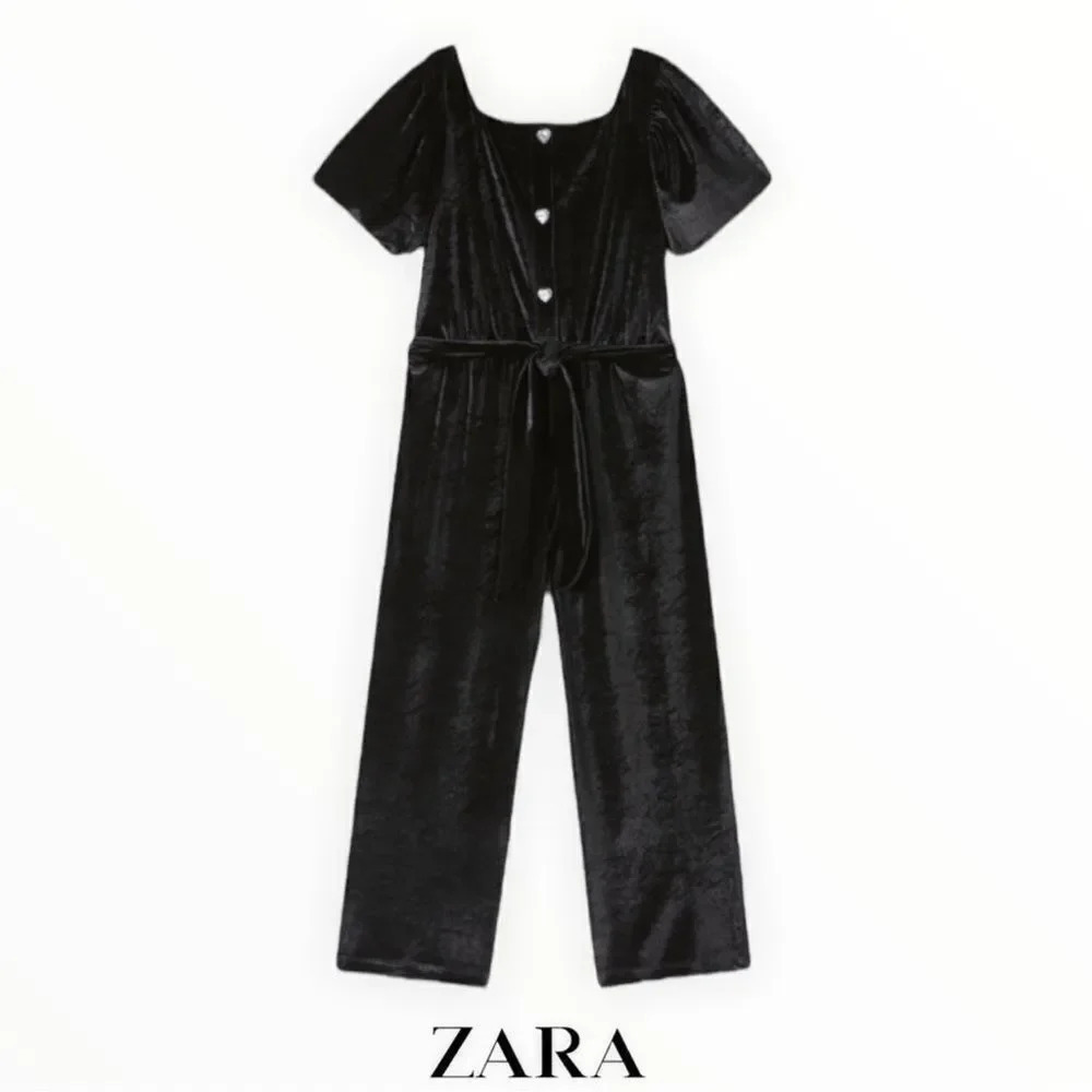 ZARA Girls Black Velvet Wide Leg Jumpsuit NWT Size 9 - Picture 2 of 6